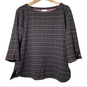 J Jill Ponte Knit Black Windowpane Top Medium Petite 3/4 Sleeve